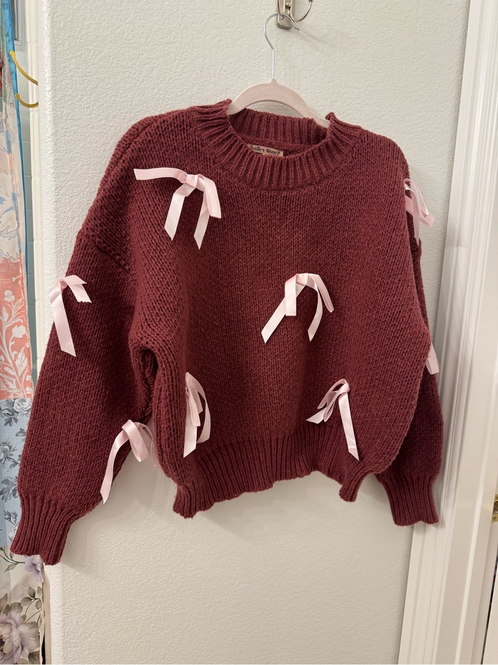 Bailey Rose Bow Sweater in Burgundy Mauve XS